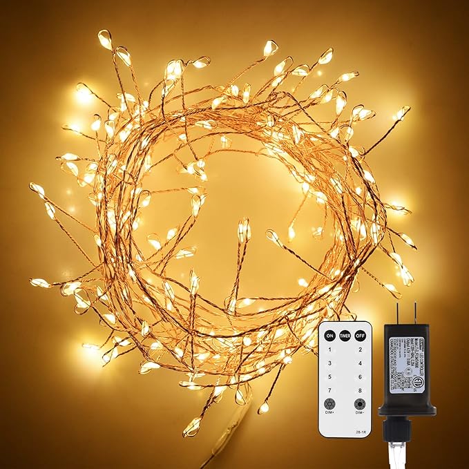 Dailyart Fairy Lights Plug in, 200 Led Twinkle String Light with Remote 10Ft 8 Modes Warm Cluster Lights with Timer for Bedroom Wreath Party Window Wedding Christmas Tree Decoration Gold Wire
