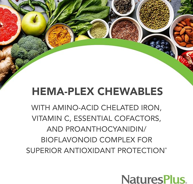 Natures Plus Hema-Plex Iron - 60 Mixed Berry Chewables - 85 mg Elemental Iron - Total Blood Health - with Vitamin C & Bioflavonoids - Vegan, Gluten Free - 20 Servings