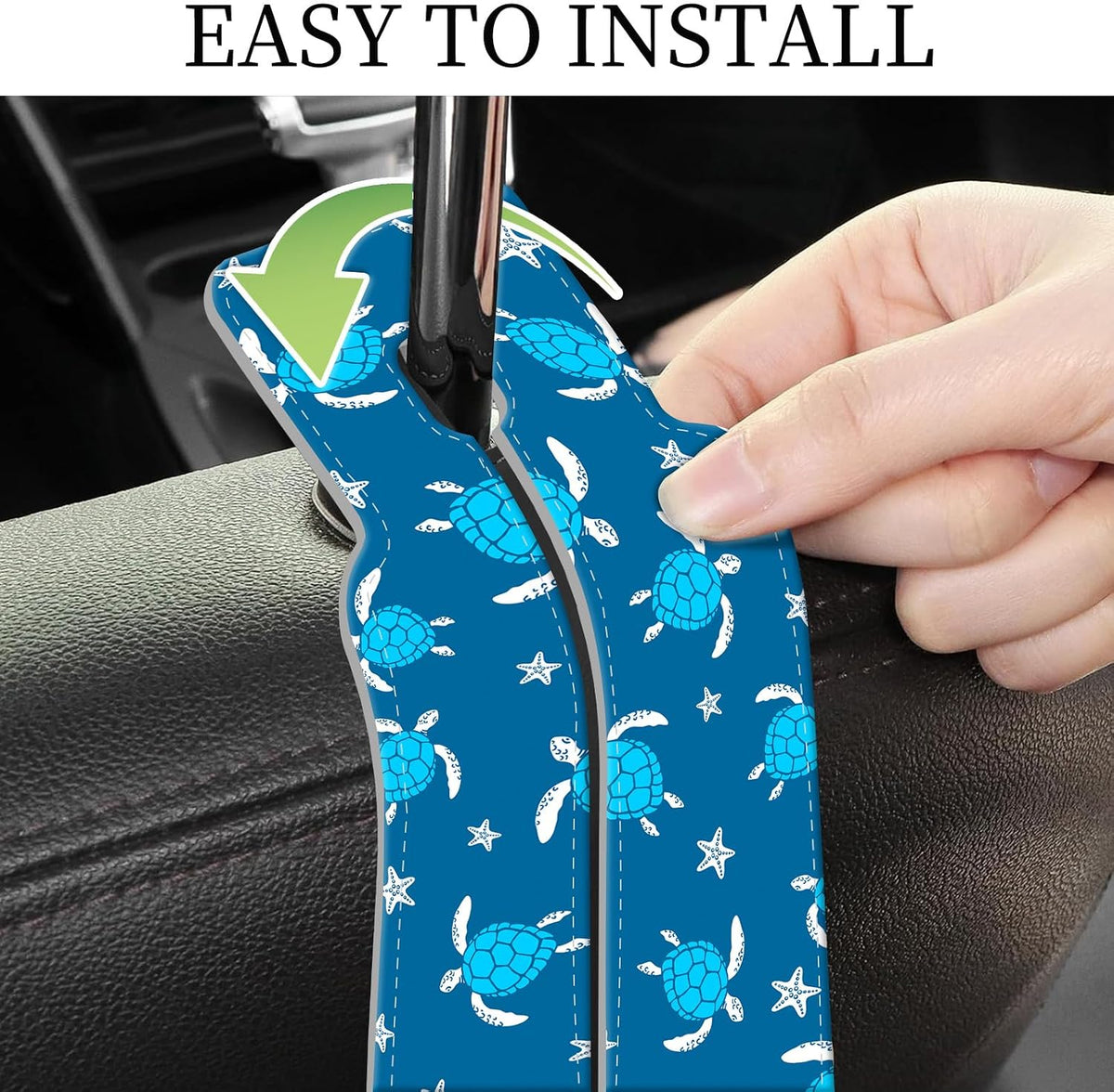 PU Leather Car Seat Hook, Storage Headrest Hanger, Cute Car Backseat Organizer, Car Hooks For Purses and Bags Cute Blue Sea Turtle