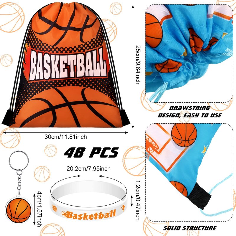 Talltalk 48 Pcs Basketball Team Gifts Sets Basketball Party Favors Toy 16 Drawstring Backpack Goodie Bag Snack Candy Gift Bag 16 Silicone Wristband 16 Keychain for Sports Birthday Party Supplies Decor
