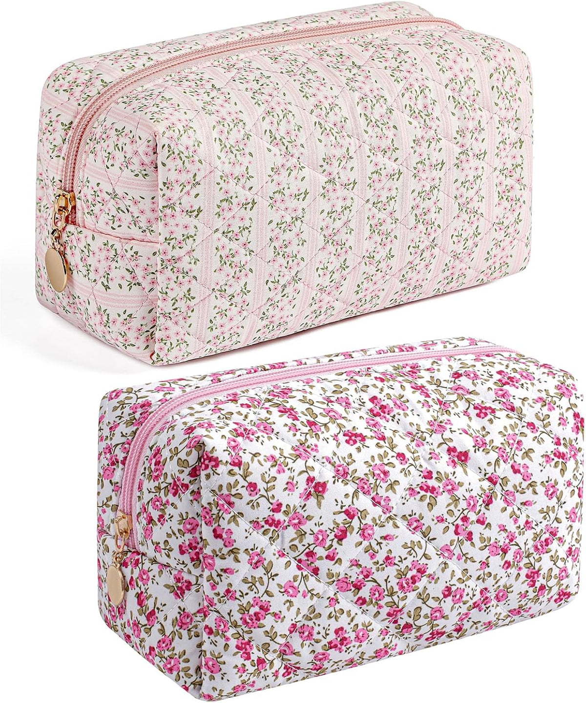 Makeup Bag Travel Cosmetic Bag for Women Girls, Zipper Make Up Pouch, Floral Flowers Toiletry Organizer Makeup, Portable Storage Cosmetic Travel Cloth Bag (Pink+Flower-Pink)