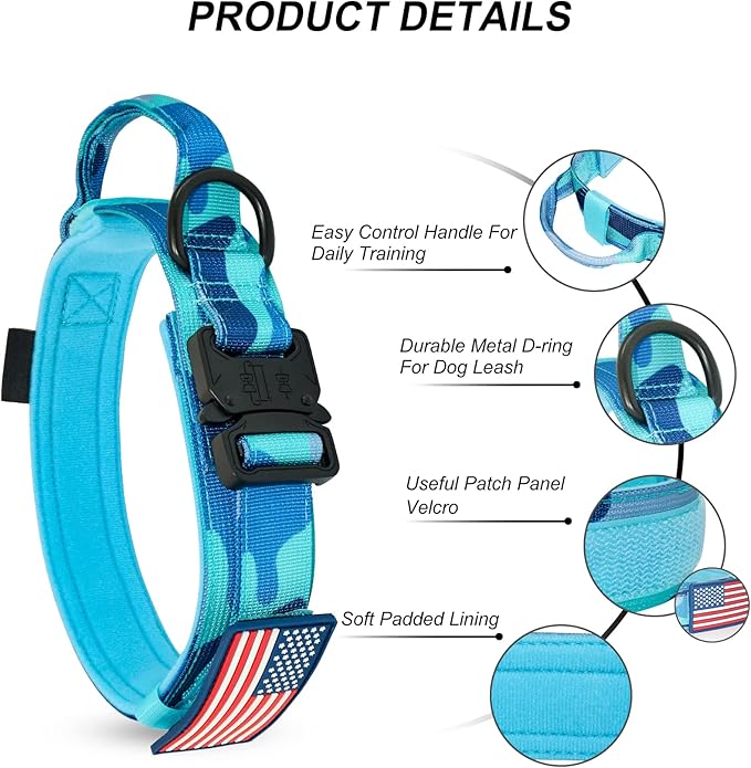 Hotsky Tactical Dog Collar and Leash Set, Heavy Duty Military Airtag Dog Collar with Handle and Metal Buckle for Training and Walking, with Airtag Holder and Two Patches (Blue Camo, M)