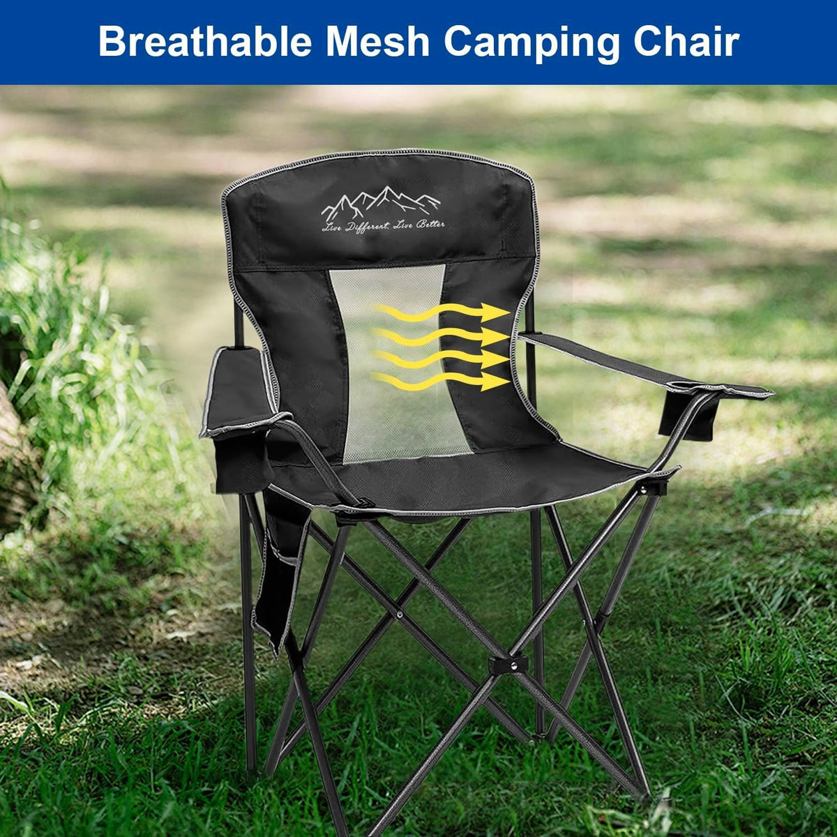 Skiennix Outdoor Folding Camping Chair - Breathable Mesh, 400lbs Capacity, Cup Holder & Storage Bag | Black