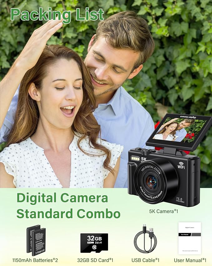 5K Digital Camera for Photography, 75MP WiFi Vlogging Camera for YouTube