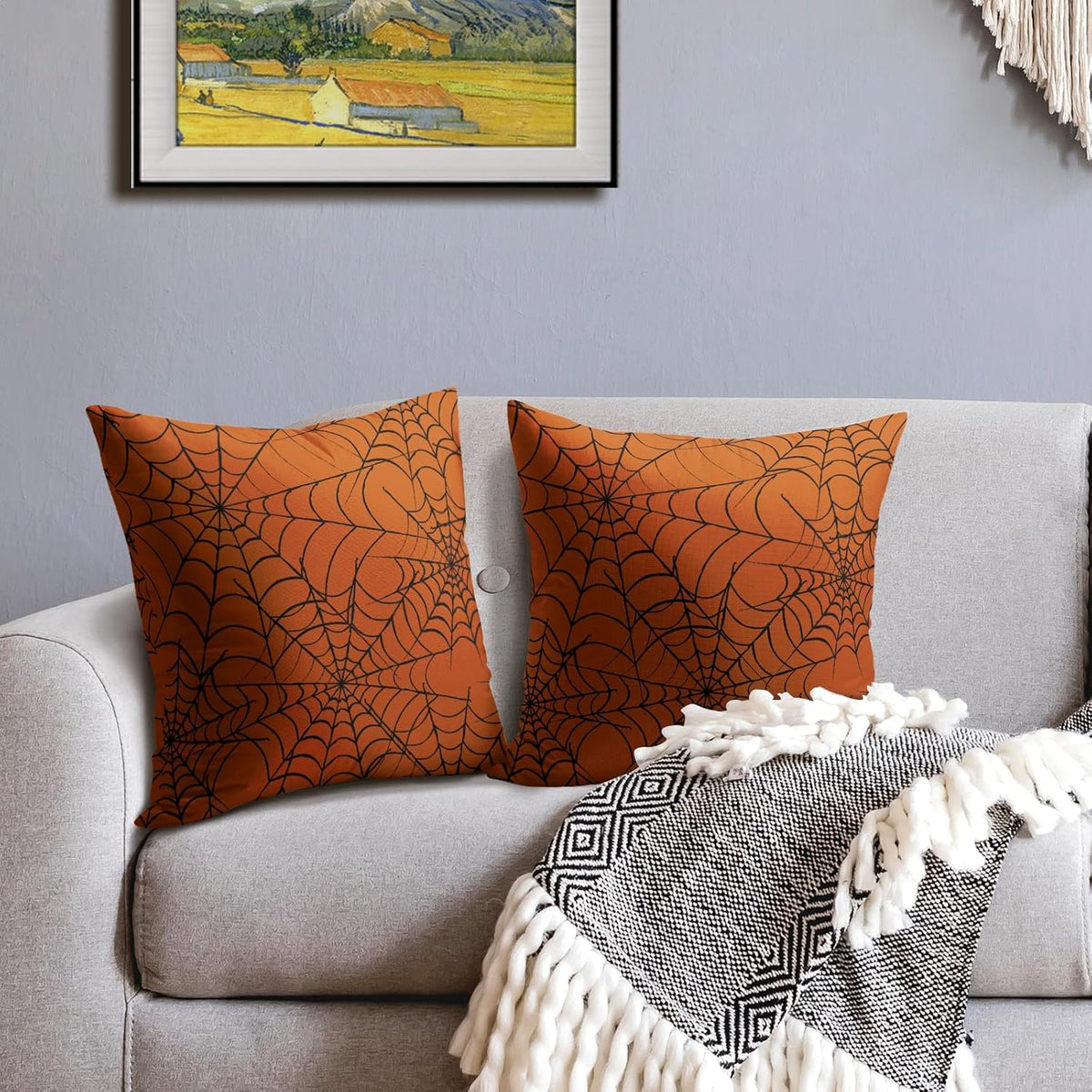 Burnt Orange Halloween Spiderweb Pillow Covers 18x18 Set of 2 Black Web Outdoor Decorative Throw Pillows Halloween Scary Themed Farmhouse Pillowcases Linen Cushion Case Decor for Home Sofa Couch Bed