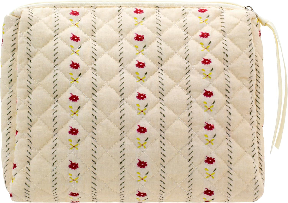 Quilted Makeup Pouch for Women, Travel Cosmetic&Toiletry Bag,Flower Beige