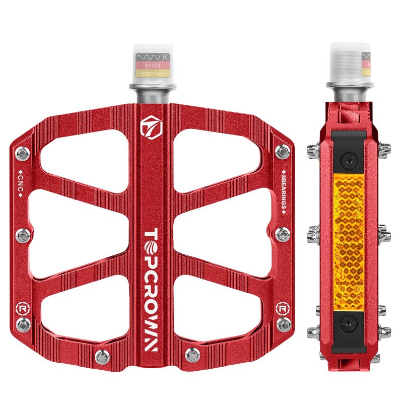 Topcrown Mountain Bike Pedals with Reflectors, Aluminum Metal Bicycle Flat Pedals 9/16" - 3 Sealed Bearings, Non-Slip Wide Platform with Removable Pins for MTB, Road Bike, BMX, Ebike (Red)