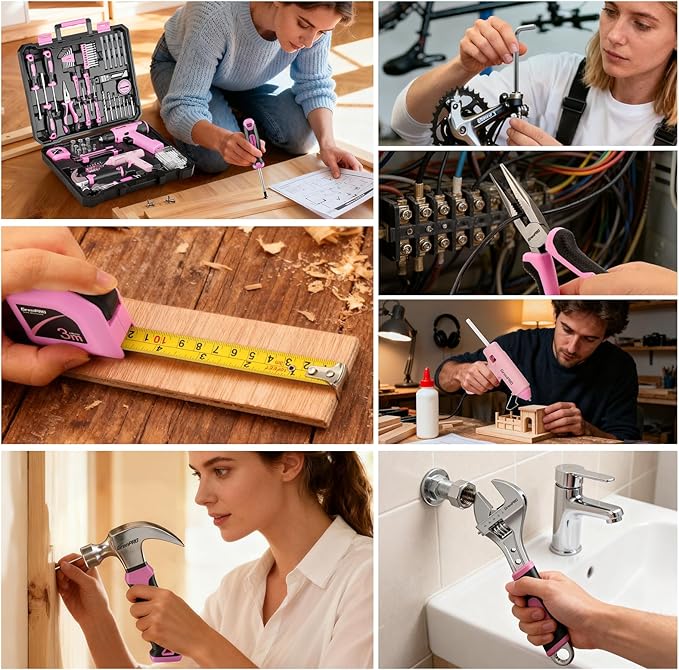 Pink Tool Set Drill Set, 188PCS Tool Kit For Home with Pink Cordless Drill Power, Hand Tool Kit for Women, Basic Household Auto Car Repair Tool Box for Men, Portable Storage Box Tools Sets