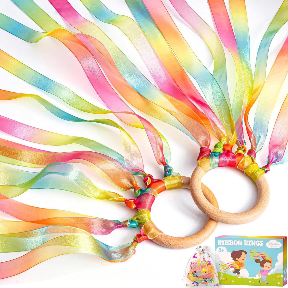 Skiennix Hand Kites - 2Pcs Colorful Dance Ribbons with Wood Ring for Gymnastics & Parties