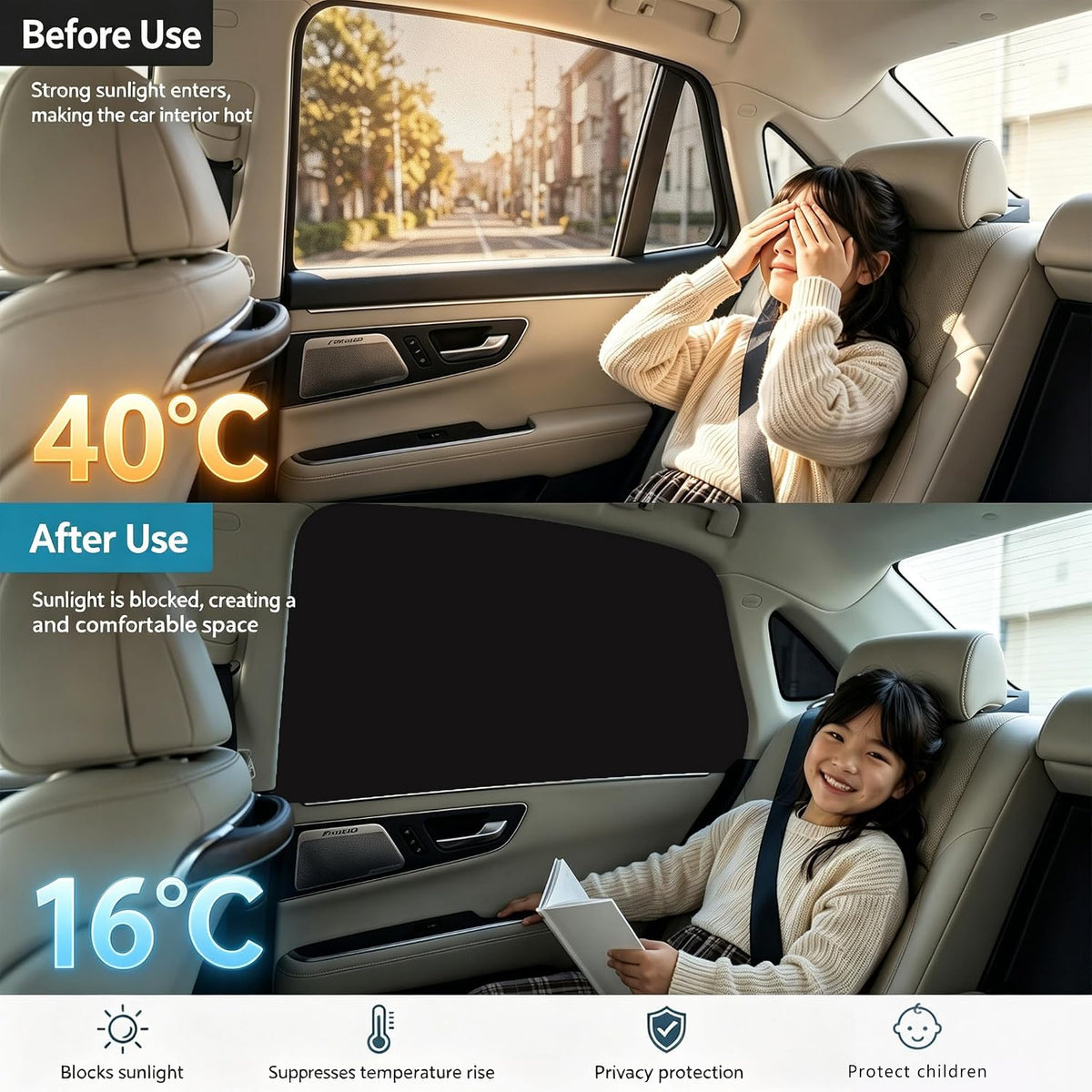 Car Window Shades - 100% Block Light Car Curtains with Magnetic - 4Pcs | Universal Fit Side Window Sun Shades Car Window Covers Keep Cooler Feeling, Thicken(thickset, 4pcs)
