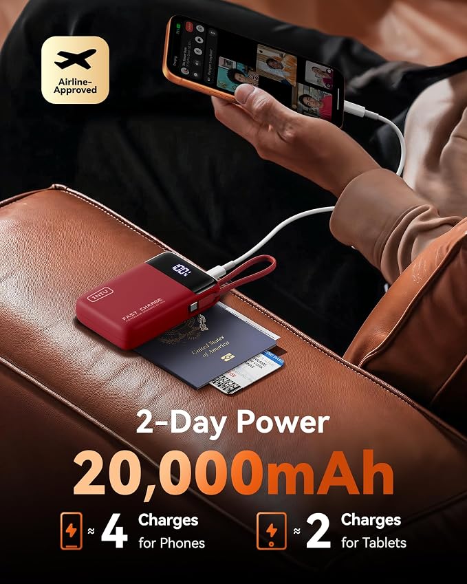 INIU 20000mAh Power Bank, Small Portable Charger, 45W PD Fast Charging Battery Pack with Build in USB-C Cable, Travel Phone Charger for iPhone 17 16 15 14 Air Samsung S25 S24 Google iPad Xiaomi, Red