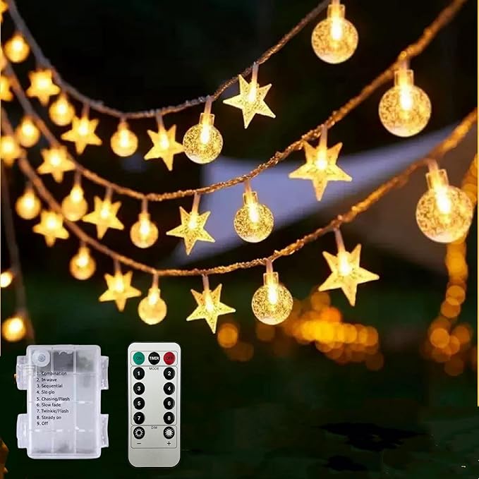 Globe/Star Fairy Lights Battery Operated 17ft 50LED String Lights with Remote Waterproof Indoor Outdoor Hanging Decorative Christmas Lights for Home Party Patio Garden Wedding