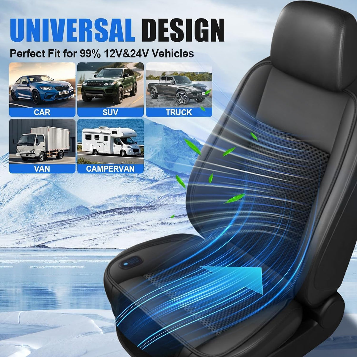 Cooling Car Seat Cover with Powerful Fan, 12V Ventilated Cooling Car Seat Cushion, 3-Speed Adjustable Breathable Cooling Seat Cover for Car SUV Truck Universal Fit