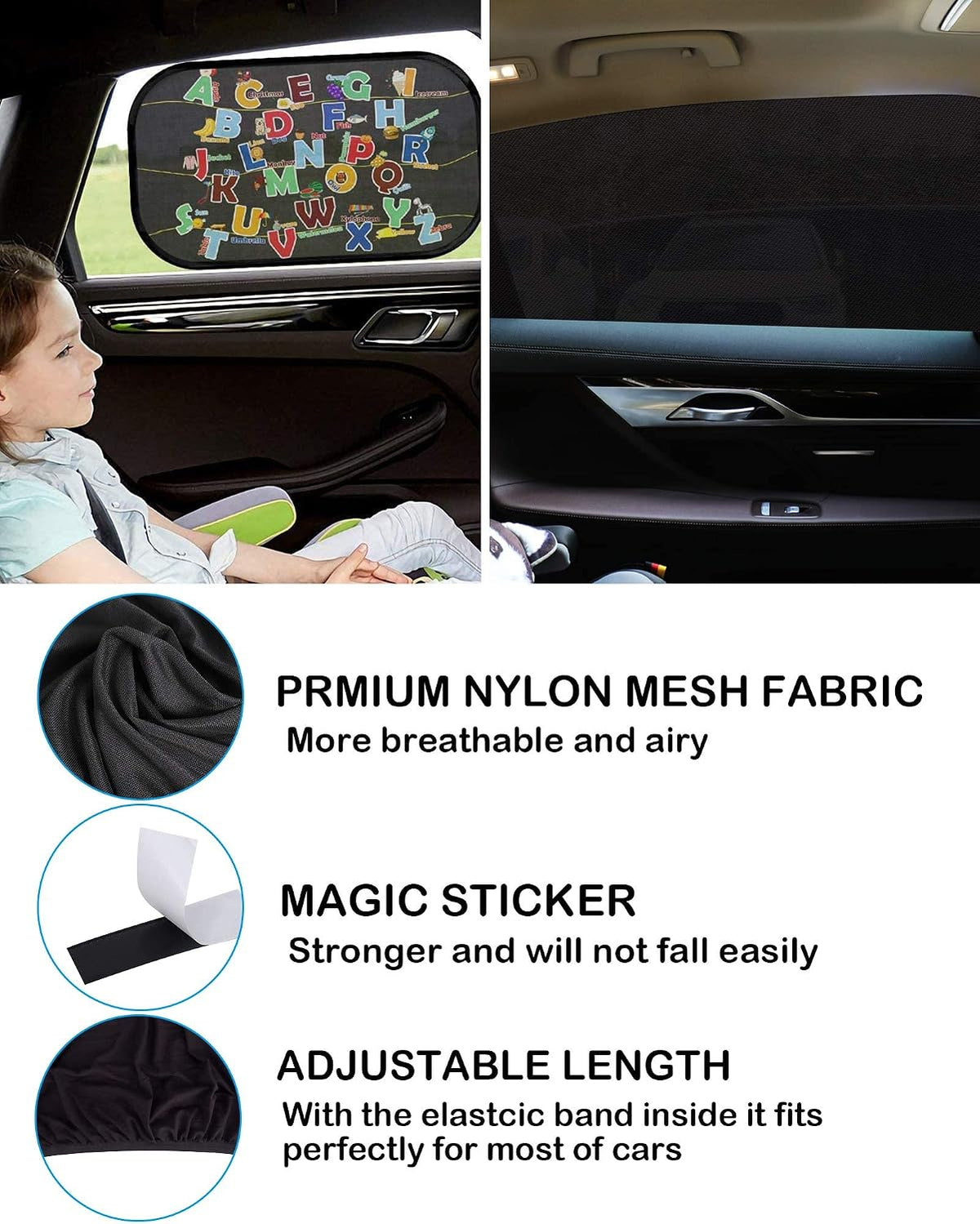 Tevlaphee Car Window Shades, 2 Pack Car Sunshade for Kids Breathable Universal Sun Visor Car Net for Baby with Certified UV for Side Window, Spandex Mesh Material Protect Privacy for Family (L)