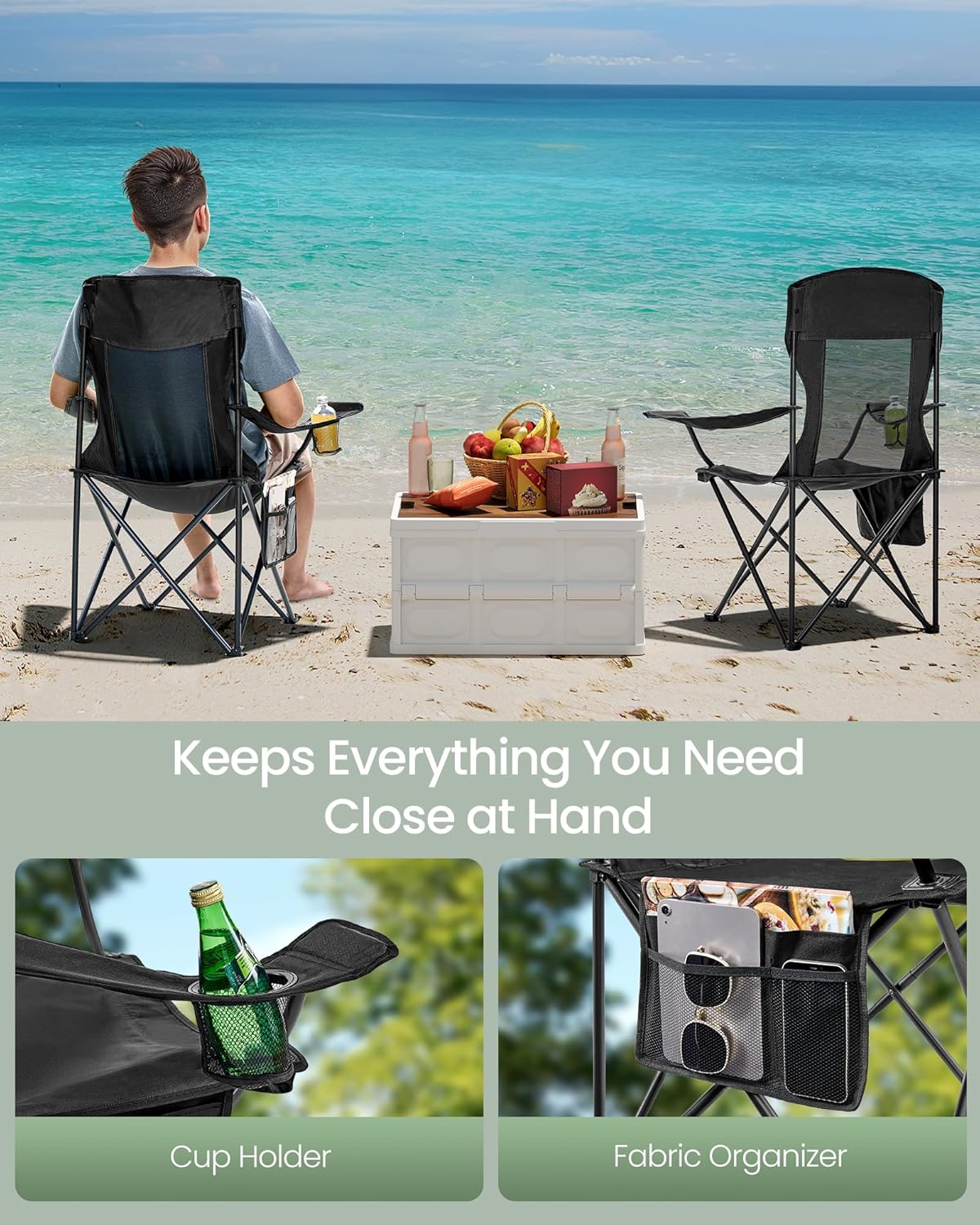 SONGMICS Foldable Camping Chairs - Breathable High Back Design with Adjustable Armrests & Drink Holder | Set of 2, Ink Black, 330 lb Capacity