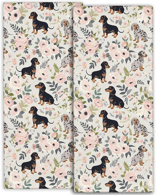 Cute Dachshund Hand Towels - 2 Pack,14.5" X 28",Soft Microfiber Polyester Towel Set with Weiner Dog-Lover & Floral Pattern,for Rustic Bathroom Kitchen Spa Hotel Decor Gifts Women Girl
