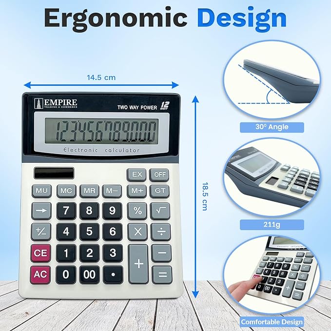 Empire Desk Calculator with Large Key Buttons, 12-Digit Large Eye-Angled Display