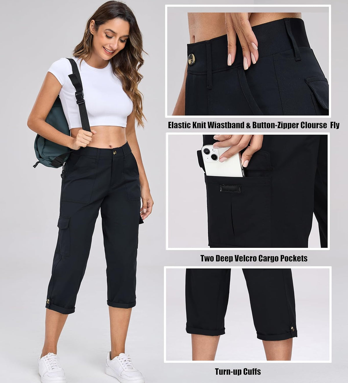 Oalka Women's Cargo Capri Pants - Relaxed Fit Knit Waist for Casual Hiking | Comfortable Cropped Style