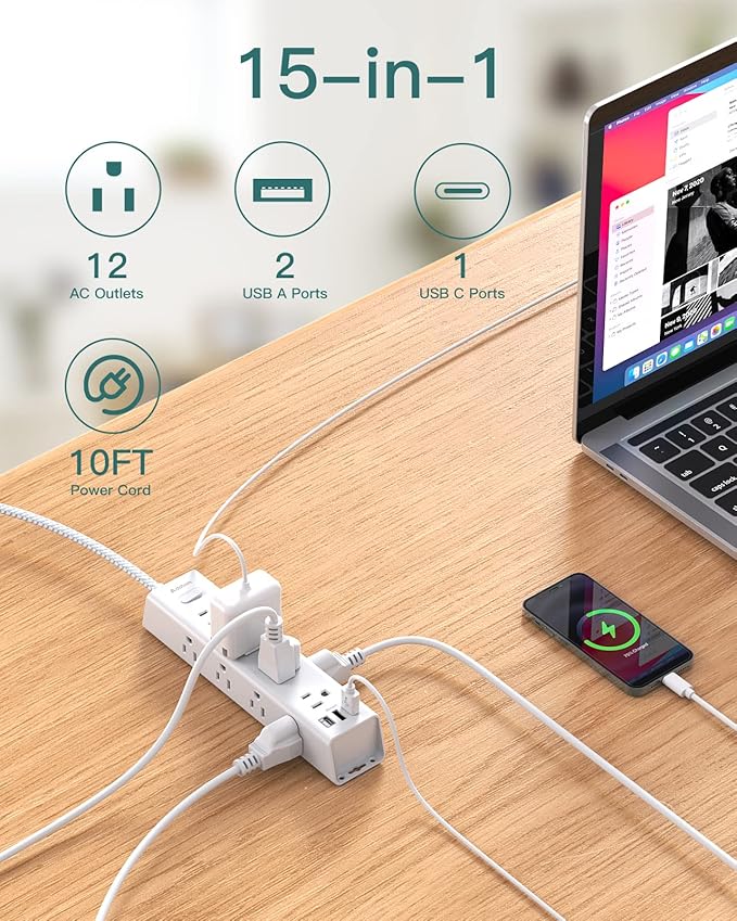 Surge Protector Power Strip - 10 FT Extension Cord, Power Strip with 12 Widely AC Outlet 3 USB, Flat Plug, Wall Mount Overload Protection, 1050J, Desk Charging Station for Home Office, ETL Listed