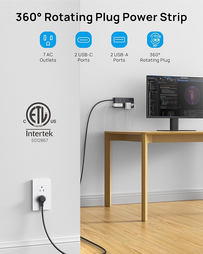TROND 360° Rotating Plug Power Strip, ETL Listed, Flat Plug 10ft Extension Cord, 2 USB-A and 2 USB-C, Wall Mountable, 7 Widely-Spaced Outlets, 1700J Surge Protector, for Home Office, Black