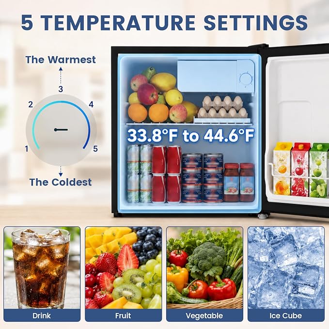 1.7 Cu.Ft Mini Fridge with Freezer for Dorm Office,Black | Compact Refrigerator Office, Energy Saving Small Fridge Reversible Single Door, Low Noise for Bedroom Small Apartment