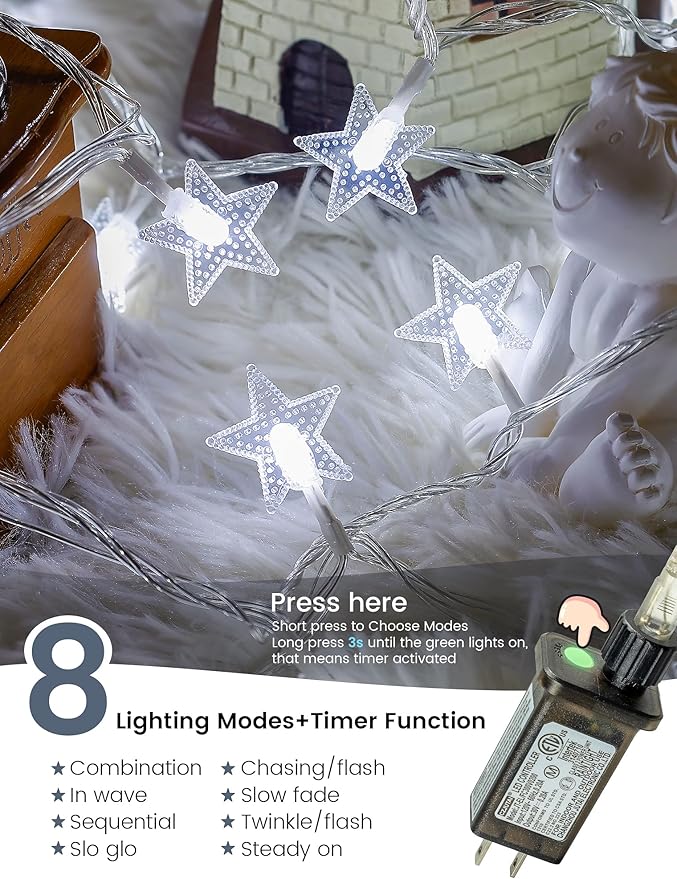 Star String Lights Plug in,33ft 100LED Fairy Lights with Remote, Hanging Star Decorations Lights Waterproof for Indoor Outdoor Bedroom Classroom Dorm Kids Tent Party Decor,White