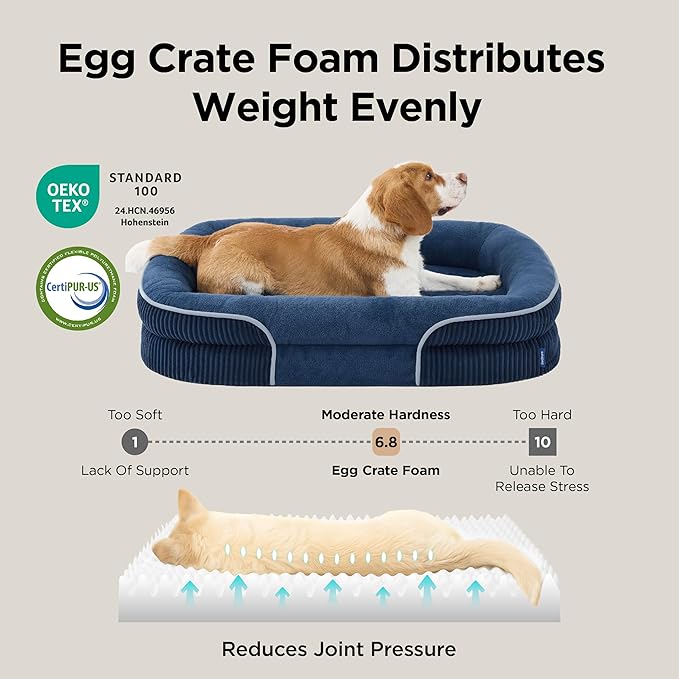 Bedsure Orthopedic Dog Bed Medium Size Dog - 360° Oval Bolster Medium Dogs Beds for Senior Dogs with Waterproof Washable Cover, Comfort Pet Sofa Couch with Ultra-Soft Fleece, Navy Blue, 30"