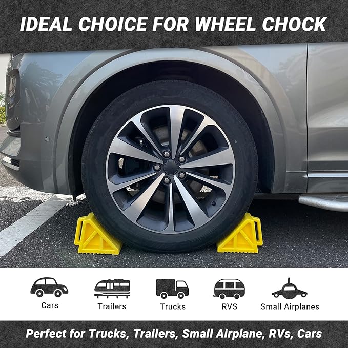 HOXWELL Wheel Chocks Premium, Heavy Duty Camper Vehicle Wedge Design with Black Rubber Bottom Chocks for Travel Trailers, Truck, Car, RV Yellow 4 Pcs
