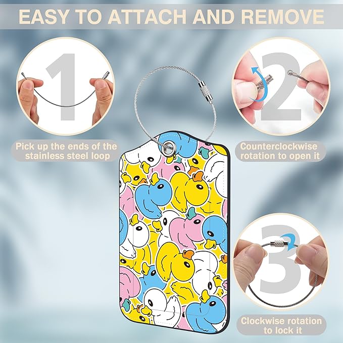 2 Pcs Cute Duck Luggage Tags for Suitcases PU Leather Baggage Tags Name ID Label with Privacy Cover and Stainless Steel Loop for Men Women Travel Bag Suitcase