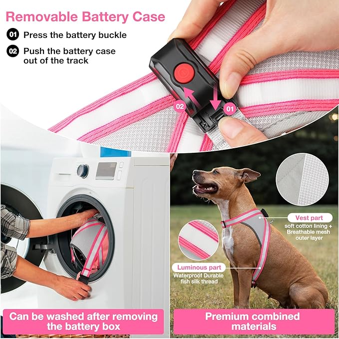 ChalkLit Light Up Dog Harness, No Pull Led Dog Harness Glow-in-The-Dark for Night Walking, USB Rechargeable Lighted Safety Vest for Medium Large Dogs, Adjustable Soft Mesh Fully Illuminated(Pink, L)