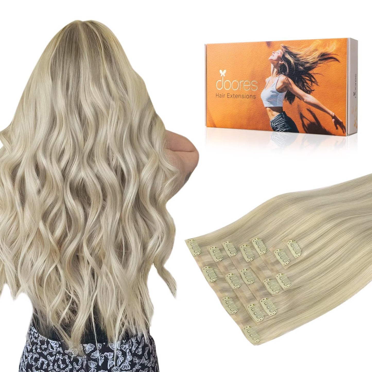 Doores Hair Extensions Human Hair, Ash Blonde Highlighted Platinum Blonde 110G 7Pcs 14 Inch, Seamless Clip In Hair Extensions Ex