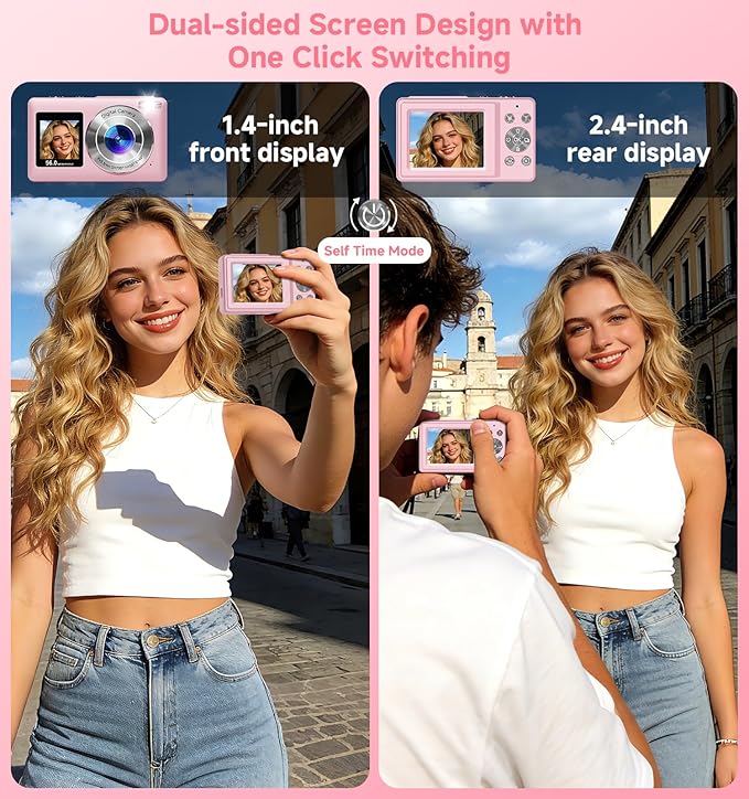 Digital Camera, 2026 Upgraded 56MP Pink Digital Camera, Dual Screens Cameras