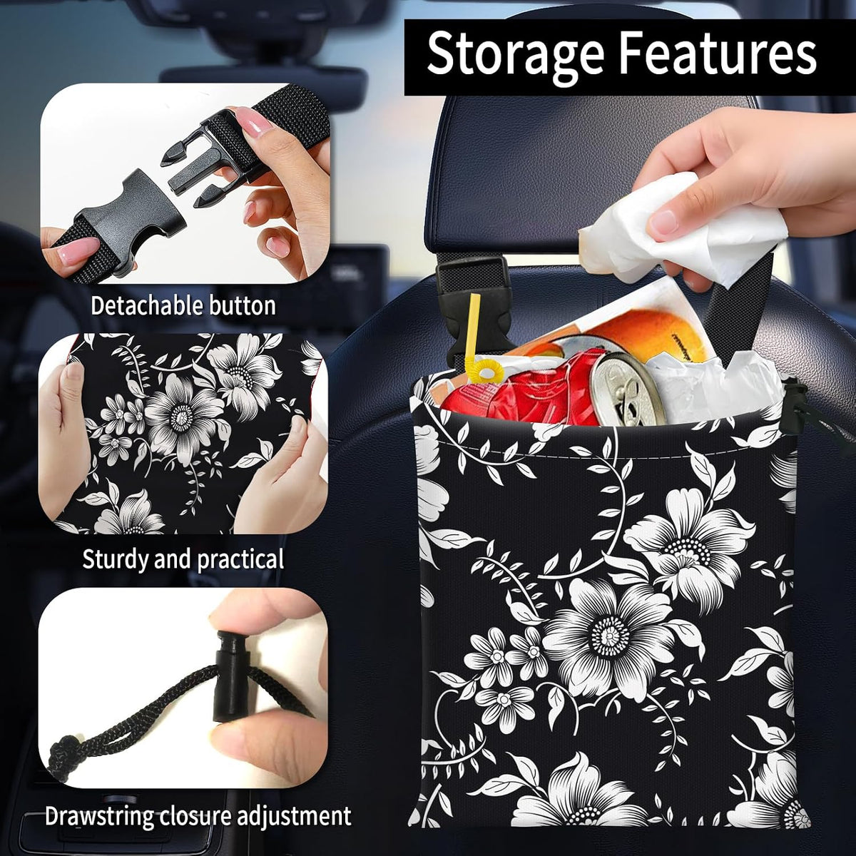 Car Trash Bag Large Hanging Can for Back of Seat, Cute Waterproof Car Garbage Bag for Vehicle, Travelling, Outdoor Beautiful Black White Floral