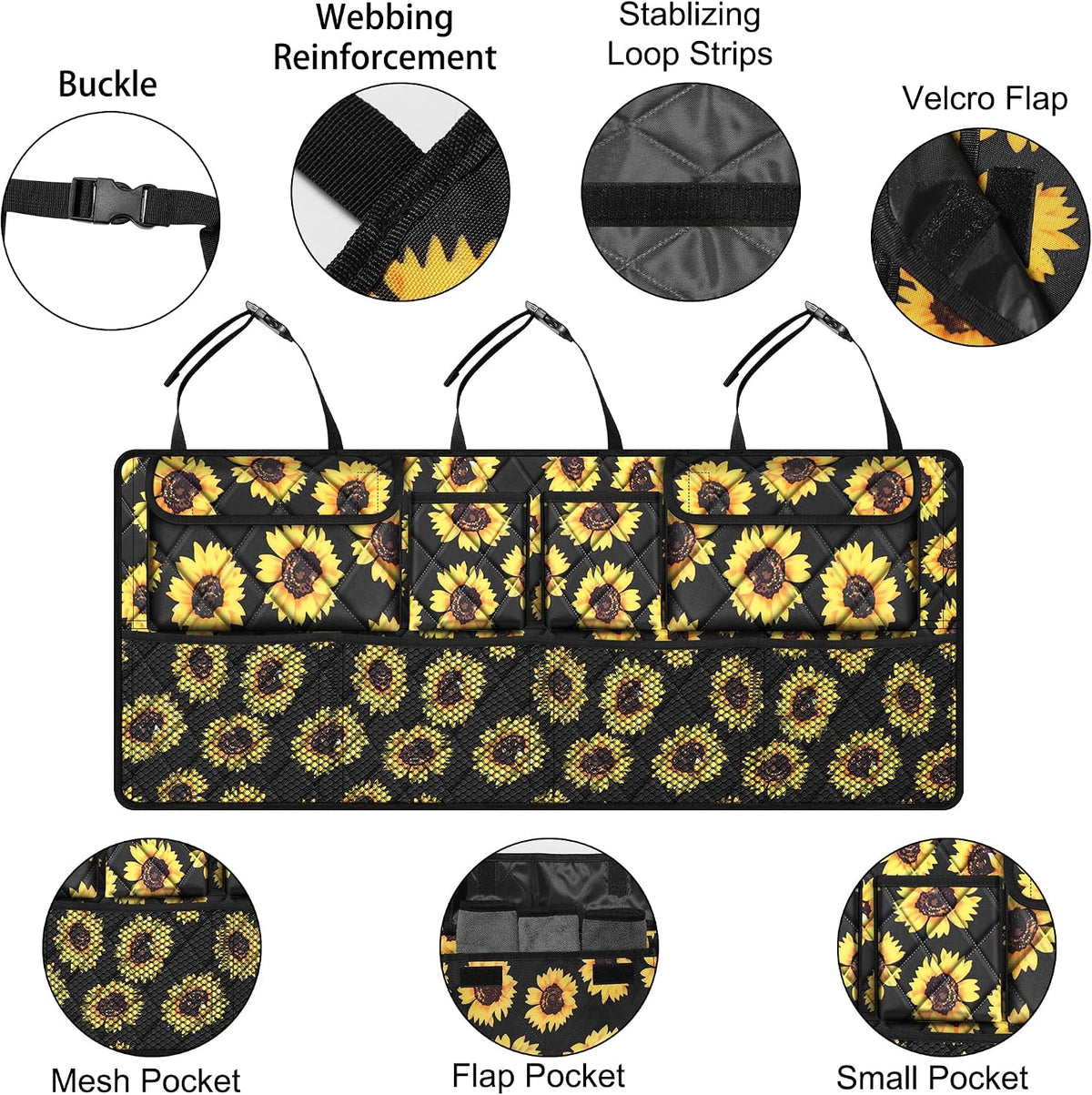 Femuar Car Trunk Organizer,Large Capacity Backseat Organizer(42 in*18 in),Collapsible Storage Bag with 8 Pocekt,Car Organizer for SUV/MPV/Truck - Sunflower TLAG-0114