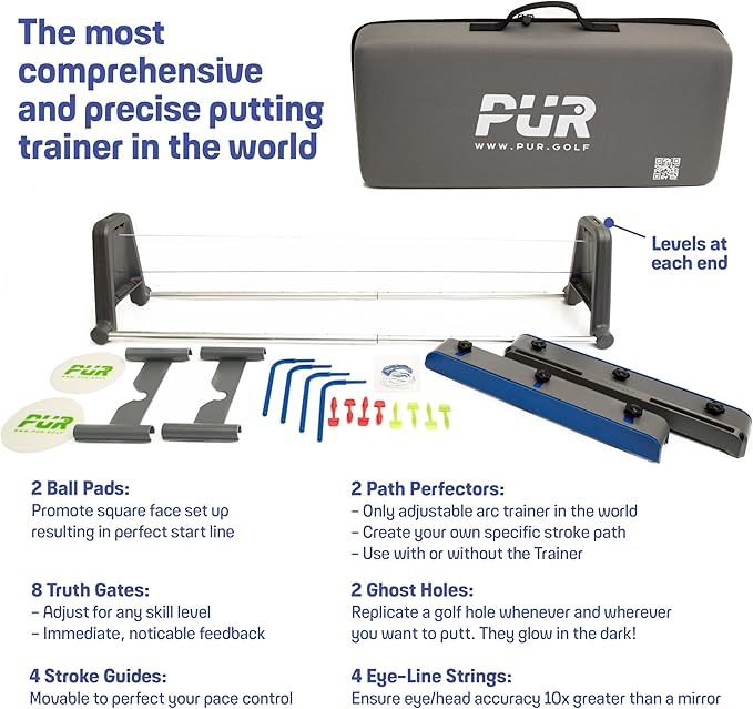 Golf Putting Trainer: Pur Truth Replaces 8 Most Used Golf Putting Aids - Premium Mastery System - Perfect Eyeline Accuracy, Stroke Path, Length and Arc. Precise Square Face Training.