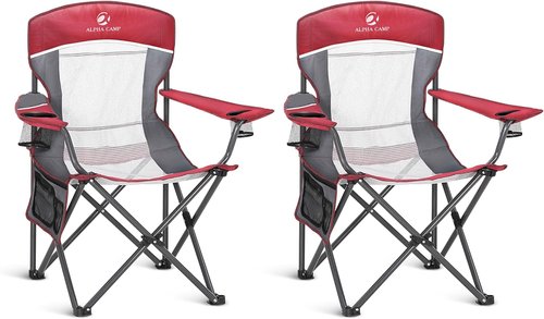 ALPHA CAMP Oversized Mesh Back Camping Chair - Heavy Duty 350 LBS Support | Portable Red Quad Chair with Cup Holder