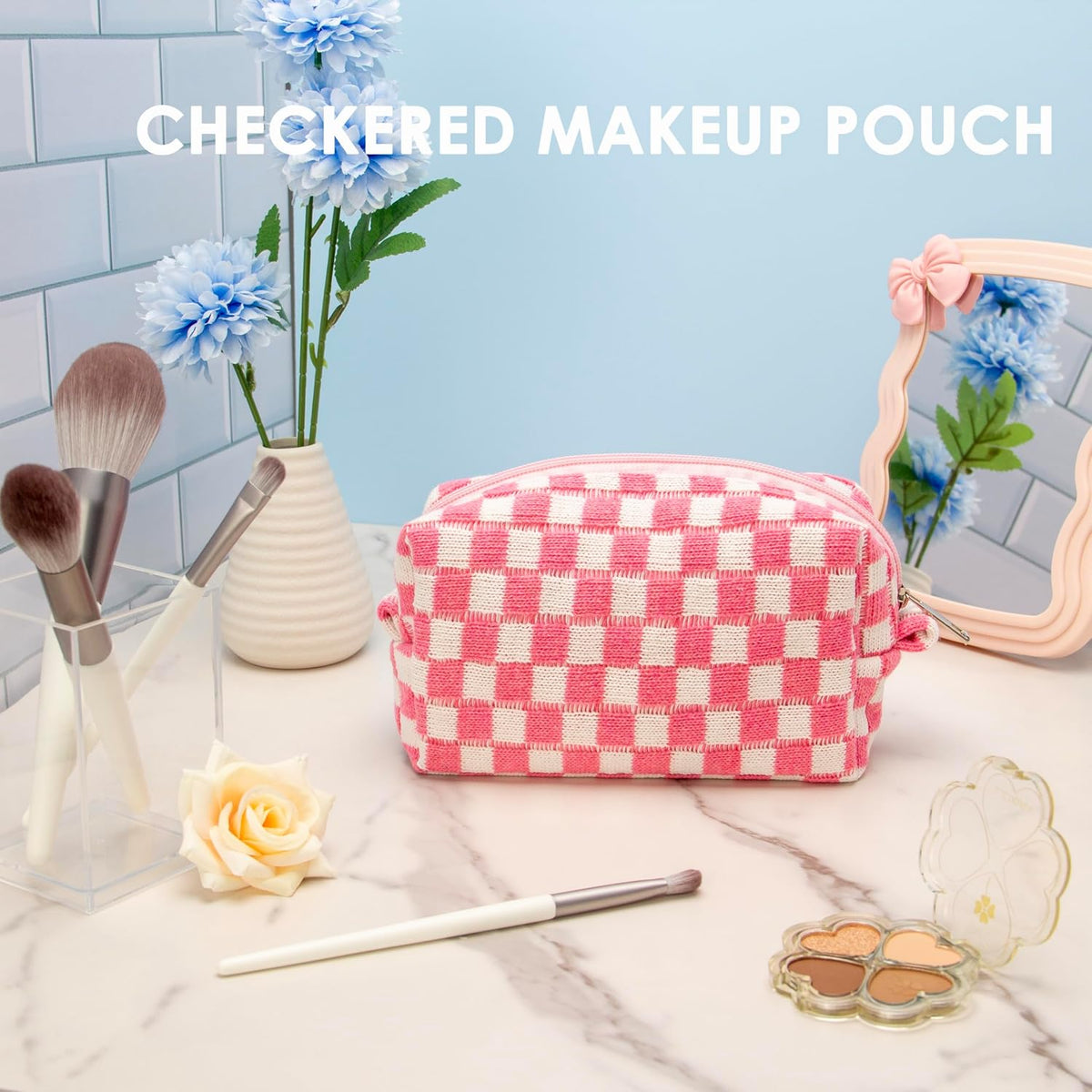 Checkered Makeup Bag for Purse, Small Cosmetic Pouch,Mix Color,6 Pack