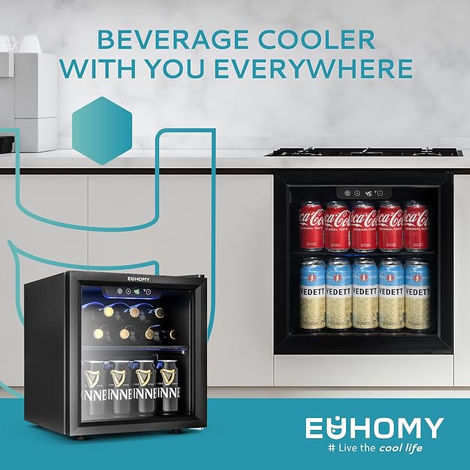 EUHOMY 12 Bottle 48 Can Mini Fridge Cooler, 1.3 Cu.Ft Beverage Refrigerator Glass Door for Beer Soda Wines,Small Refrigerator with Adjustable Shelves and LED Light for Office, Home, Dorm, Bar