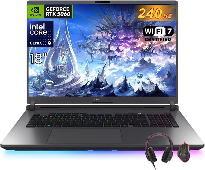 ASUS ROG Strix G18 Gaming Laptop RTX 5060, 32GB DDR5, 2TB SSD, Wi-Fi 7 | Intel Ultra 9 275HX(32MB Cache), 18” 2.5K 240Hz Display, Win 11 Pro, Backlit KB, BT 5.4, Headset and Mouse Set