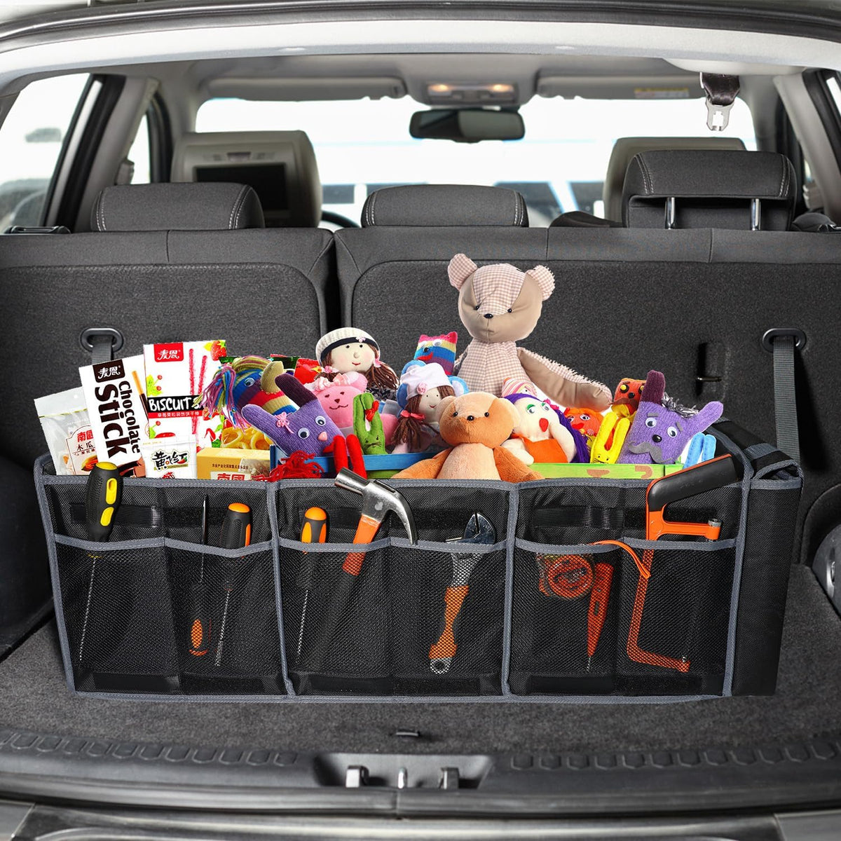 Car Trunk Organizer with Lid,Collapsible Car Storage Organizer with Multi Compartments and Securing Straps for SUV,Sedan,Jeep-Black & Grey