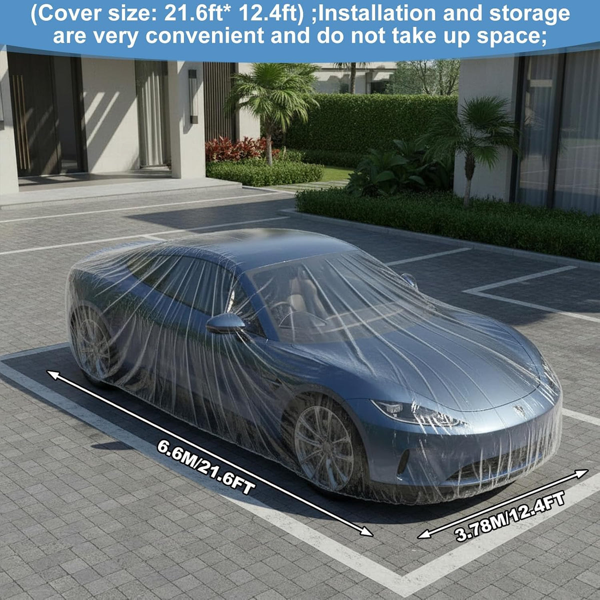 Sibba 5 Pack Disposable Car Covers, Plastic Car Cover Universal Waterproof Clear Cars Covers Vehicle Cars Cover with Elastic Bands for Sedan Outdoor Snow Rain Weather (12.4 ft x 21.6 ft)