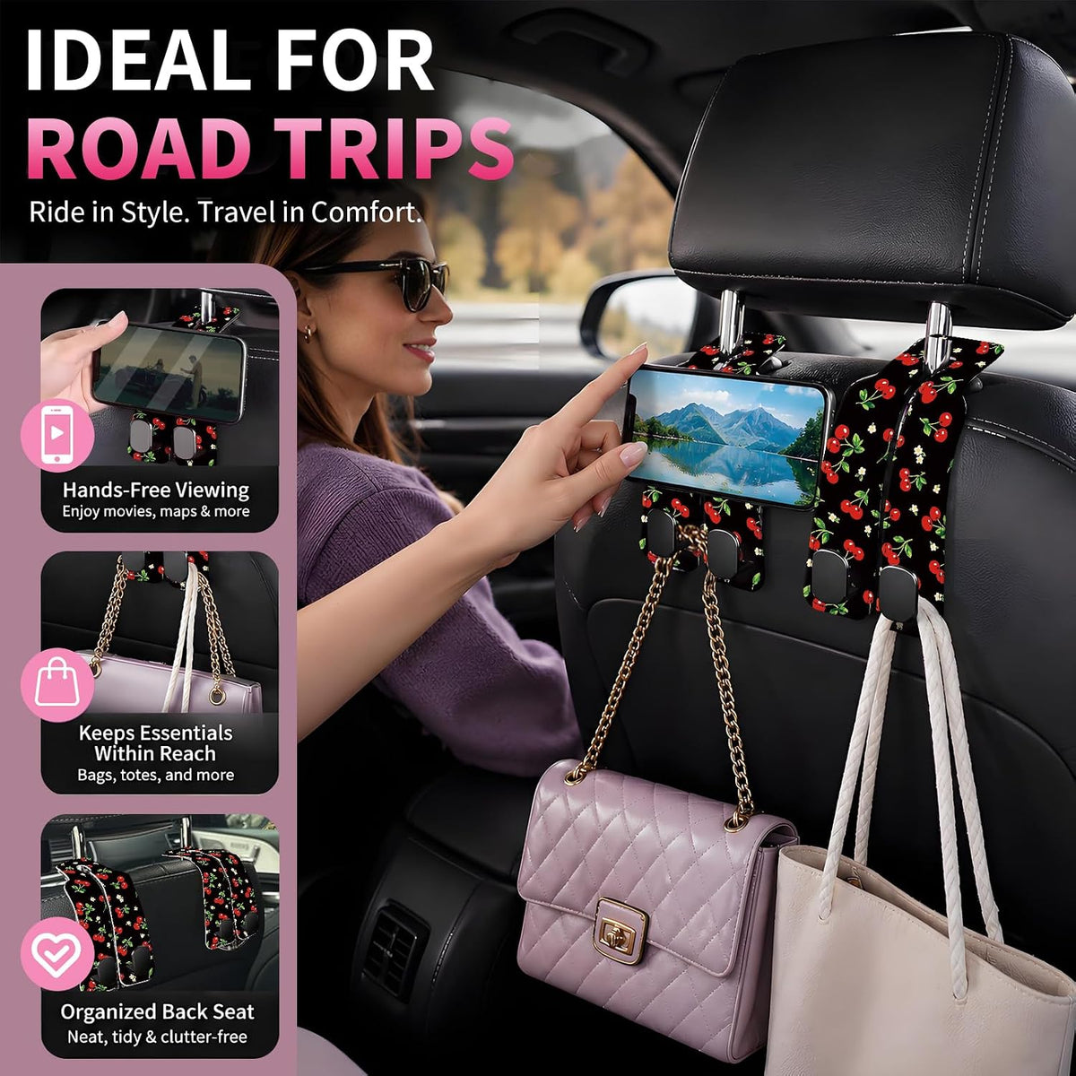 Car Seat Back Storage Hook, Funny Car Purse Hook, Cute Vehicle Storage Organizer for Purses Handbags Black Red Cherry