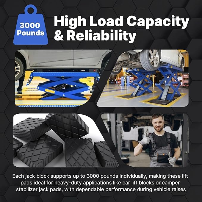 4 Pack 6-3/8" x 4-3/4" x 2" Solid Rubber Auto Lift Block Pads, Heavy-Duty Rubber Blocks for Car Lift Pads, Lift Blocks, Camper Stabilizer Jack Pads-Anti-Slip Texture,3000lb Capacity