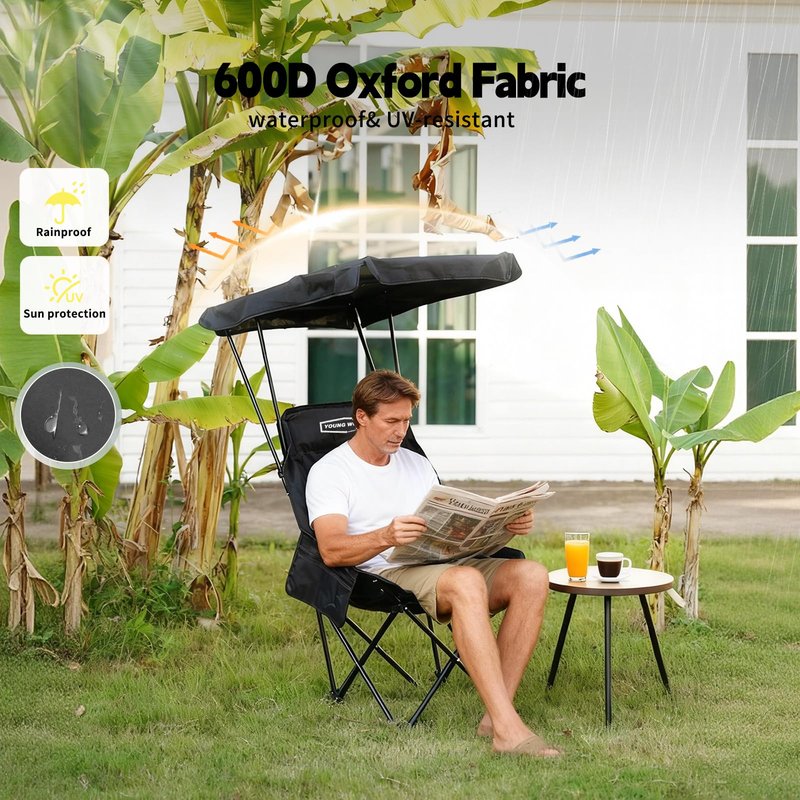 YOUNG WOOD Portable Camping Chair Beach Chair with Shade Canopy, Fold Lightweight Oversized for All, Easy to Open and Close Without Installation, Side Pocket Design for All Outdoor Activities, Black