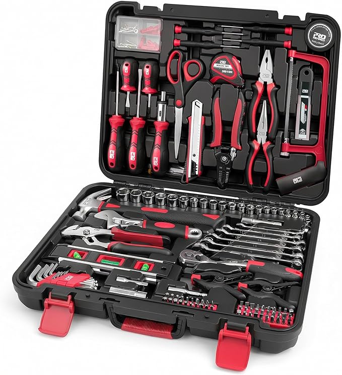 Prostormer 259-Piece Tool Kit, General Household Hand Tool Set with Plastic Storage Toolbox, Portable Complete Repair Tool Box for Home and Car (Red)