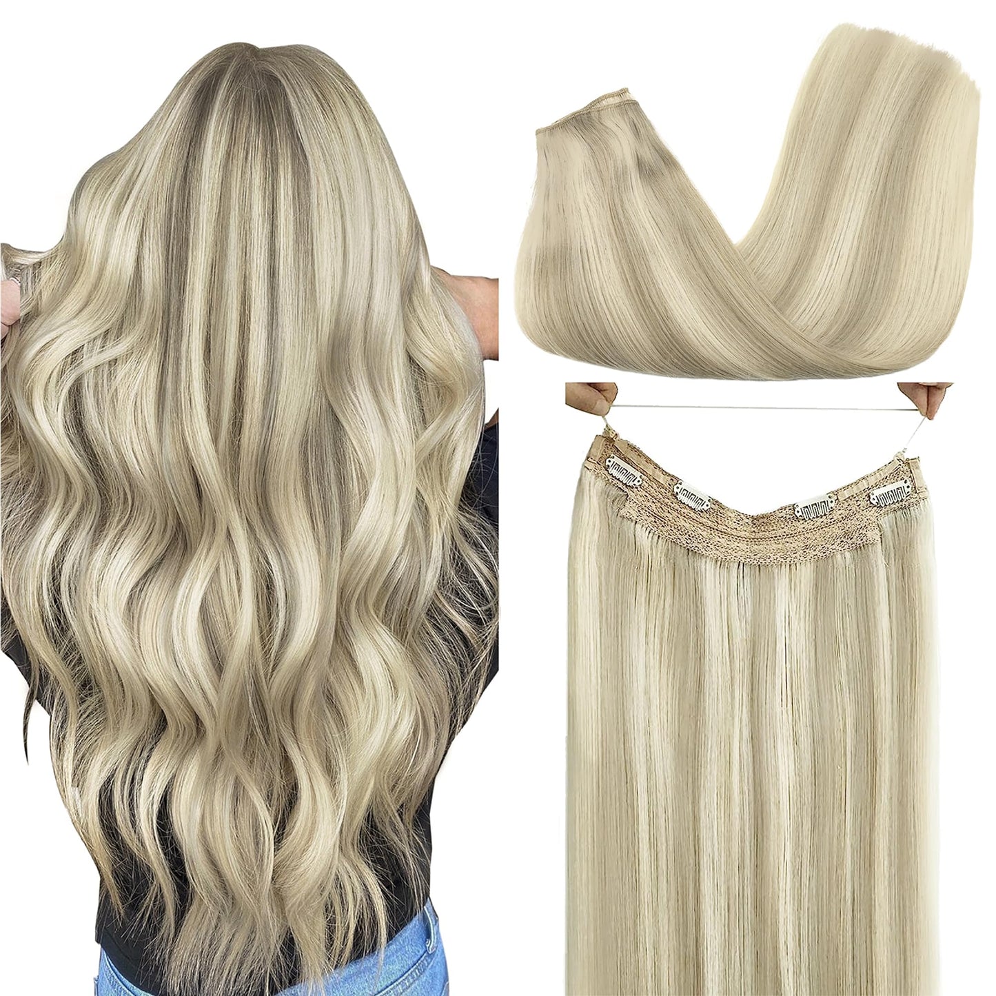 Goo Goo Wire Hair Extensions Human Hair, 17A/60A Ash Blonde Mix Platinum Blonde Highlighted 16Inch 95G, Invisible Wire Hair Exte
