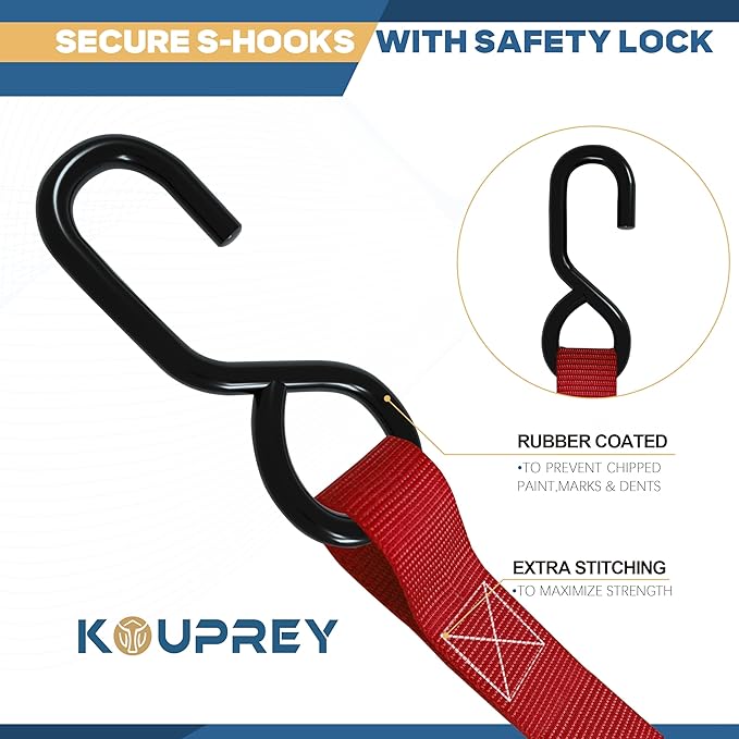 Ratchet Straps,Boat Tie Down Straps to Trailer, Motorcycle Straps,Kayak Tie Downs, 4-PK 1" x 15ft, 1800 LB Break Strength Safety S-Hook & 2 Bungees, Rubber Coated Handle Red