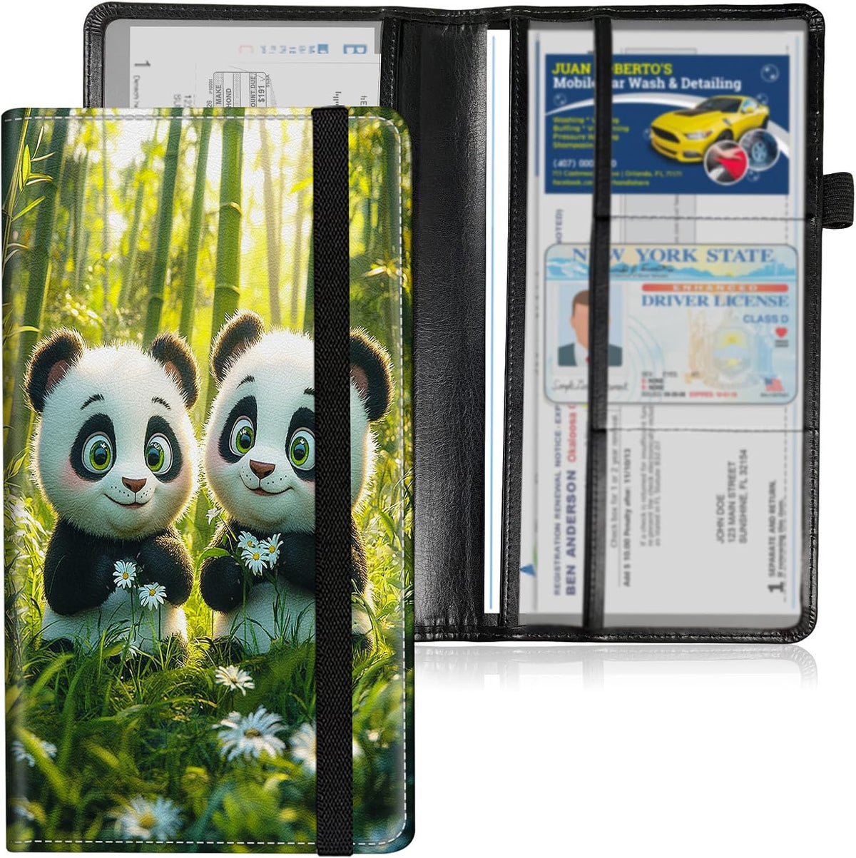 Car Registration and Insurance Holder, Leather Car Document Organizer Wallet, Panda Cubs Bamboo Forest Glove Box Storage for License, ID Card, Card Holder, Cars Accessories for Women Men