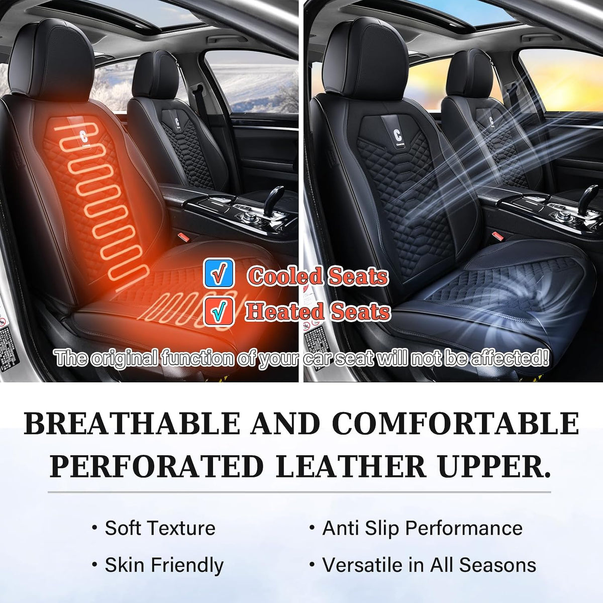 Coverado Car Seat Covers Full Set, 5 Seats Universal Seat Covers for Cars, Breathable Fabric& Faux Leather Auto Seat Cushions, Front and Rear Seat Protectors Fit for Most Sedans SUV Truck, Black