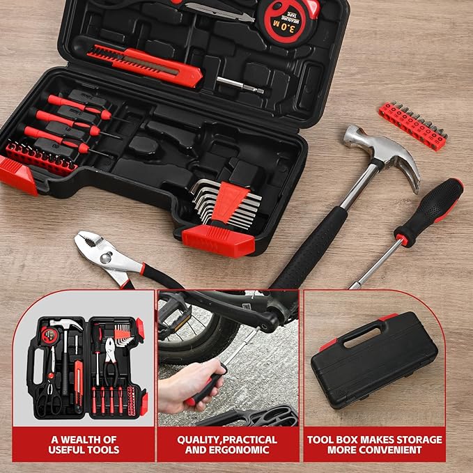 39 Piece Home Tool Kit General Household Hand Tool Set small tool box with Toolbox Storage Case for Everyday Home Repairs, Mini Tool kit for Women,Red